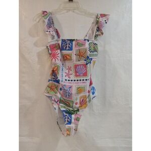 Multicolor Tropical Postage Stamp Print Ruffle One Piece Swimsuit Womens Small
